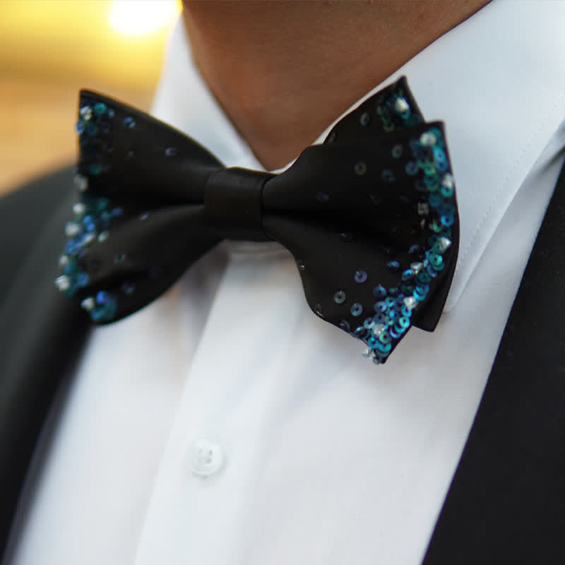 Men's Blue Shine Sequin Black Bow Tie - image 5