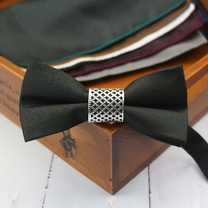 Men's Classic Silver Metal Core Wedding Bow Tie - Dark Green - image 6