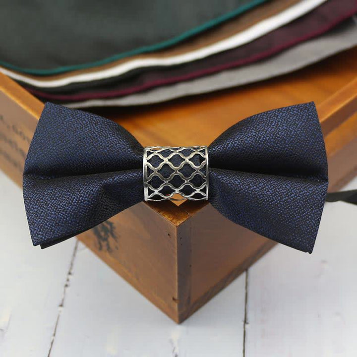 Men's Classic Silver Metal Core Wedding Bow Tie - Navy - image 7