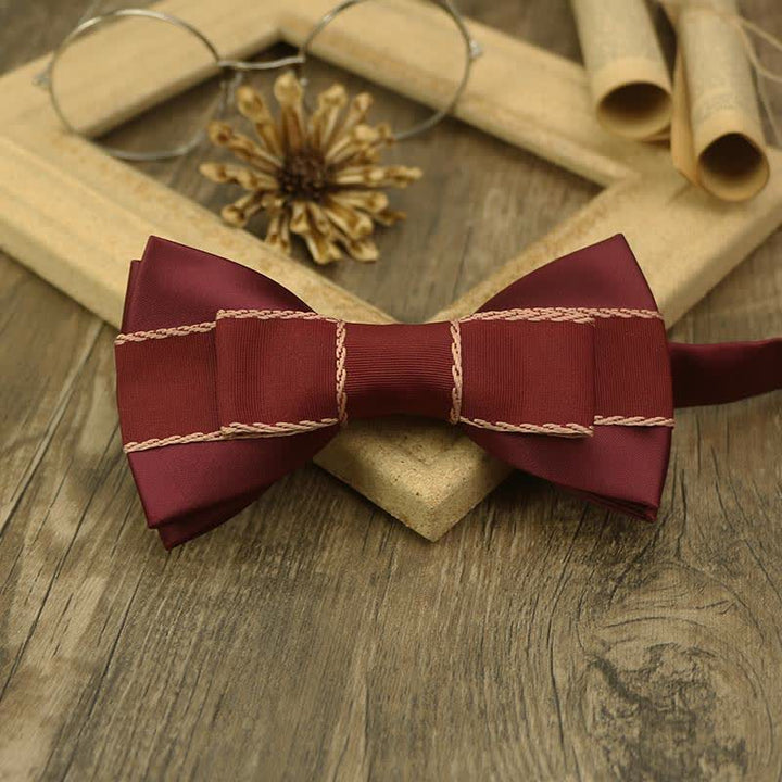 Men's Unique Ribbon Splicing Double Layer Bow Tie - Dark Red - image 4