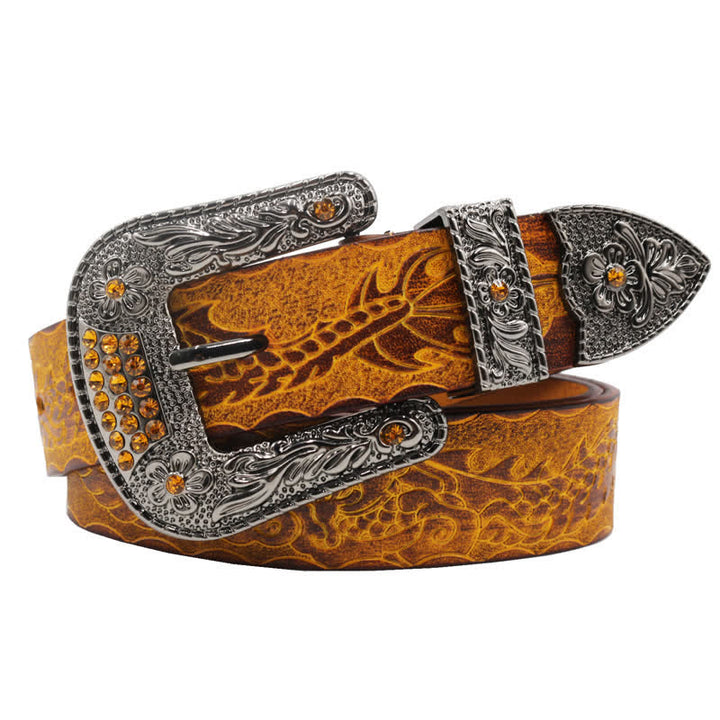 Men's Floral Buckle Embossed Dragon Leather Belt - Yellow - 44 - image 7