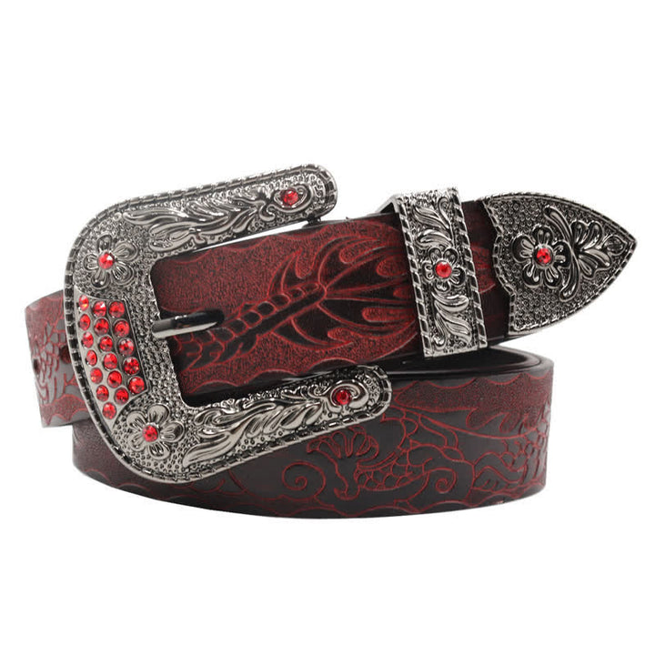 Men's Floral Buckle Embossed Dragon Leather Belt - Brown - 44 - image 0