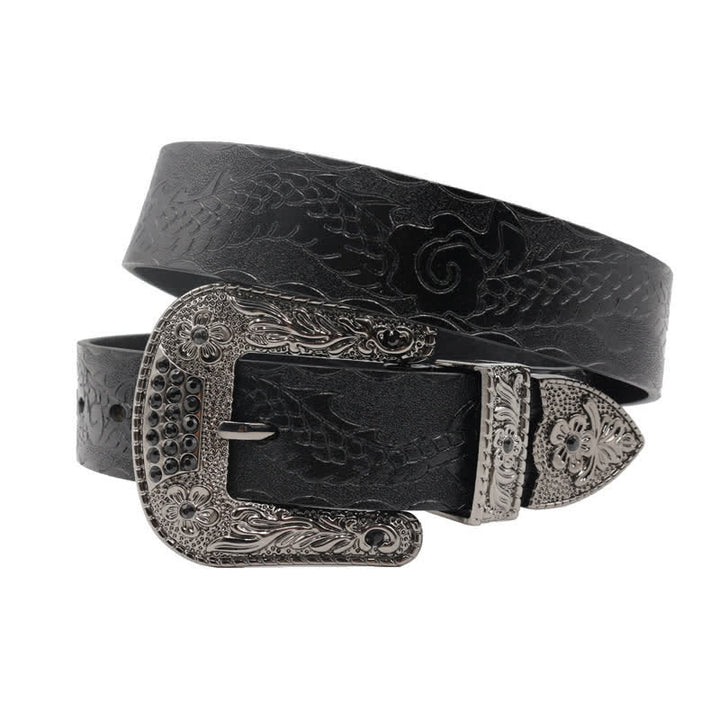 Men's Floral Buckle Embossed Dragon Leather Belt - Black - 44 - image 14
