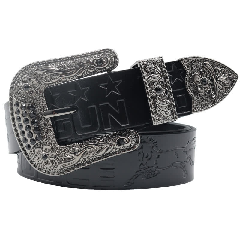 Men's Cowboy Pattern Carved Buckle Leather Belt - Black - 44 - image 7