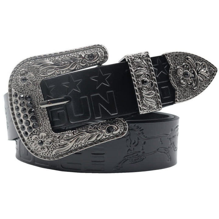 Men's Cowboy Pattern Carved Buckle Leather Belt - Black - 44 - image 7