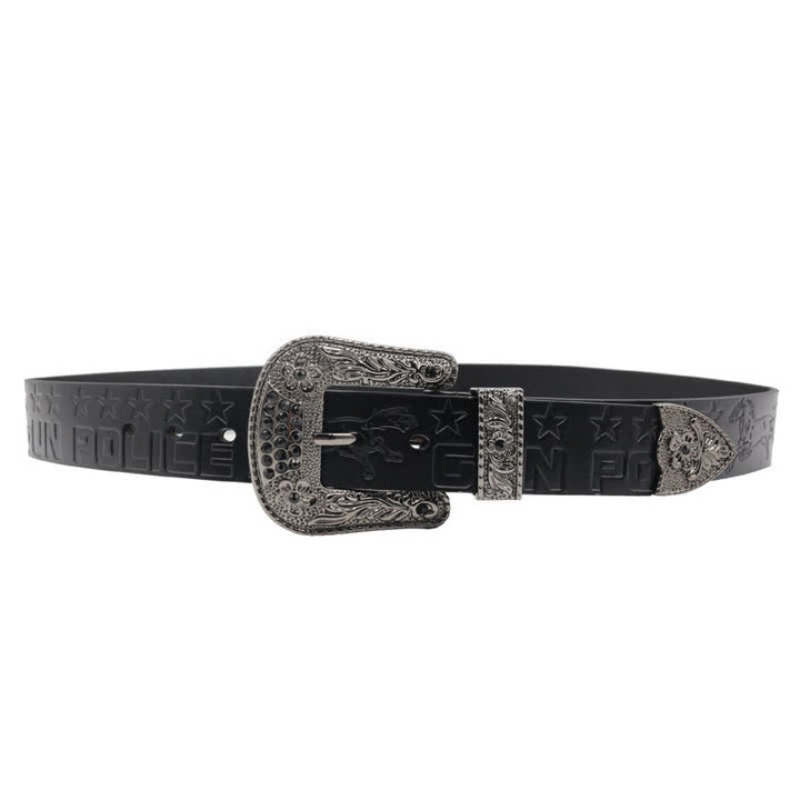 Men's Cowboy Pattern Carved Buckle Leather Belt - image 11