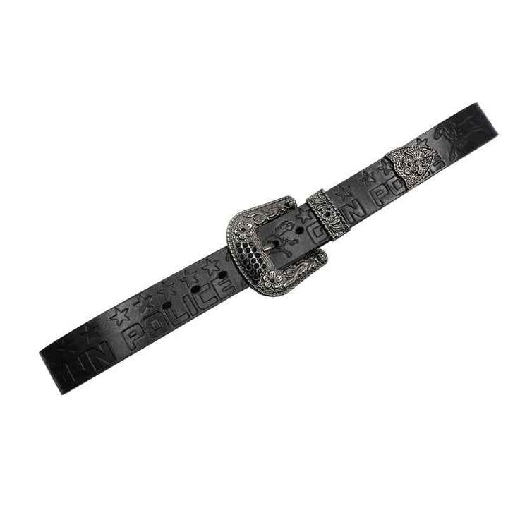 Men's Cowboy Pattern Carved Buckle Leather Belt - image 12