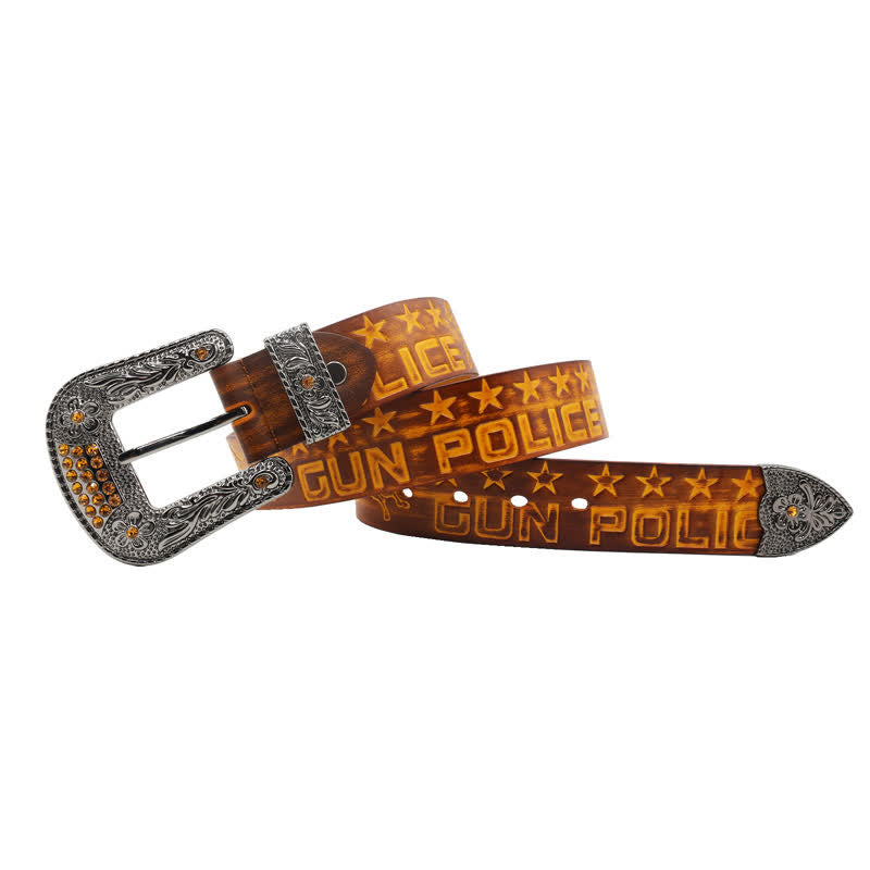 Men's Cowboy Pattern Carved Buckle Leather Belt - image 1
