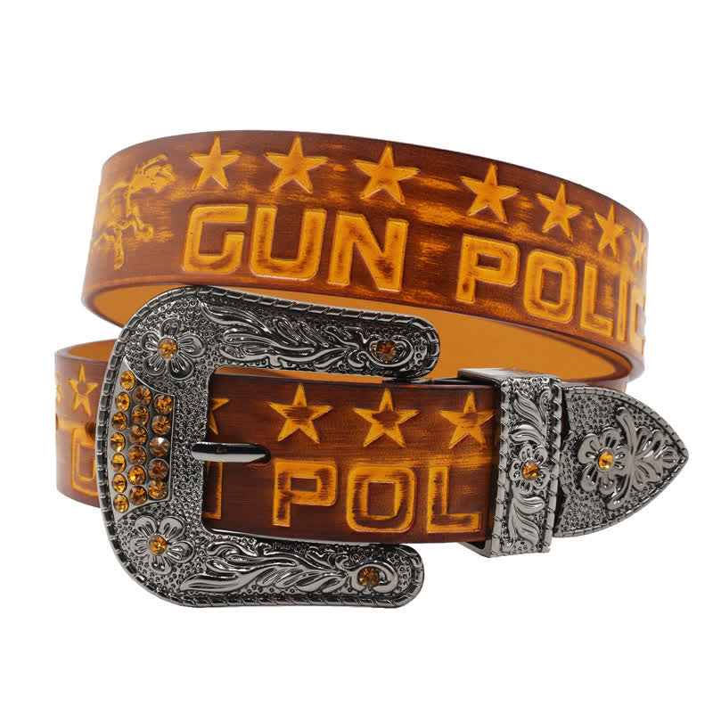 Men's Cowboy Pattern Carved Buckle Leather Belt - image 2