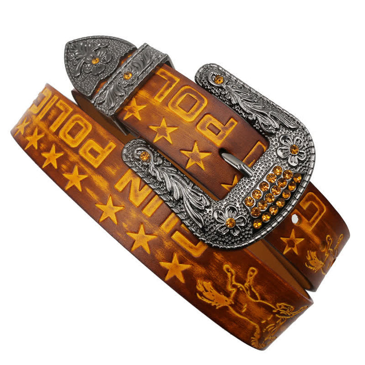 Men's Cowboy Pattern Carved Buckle Leather Belt - image 3