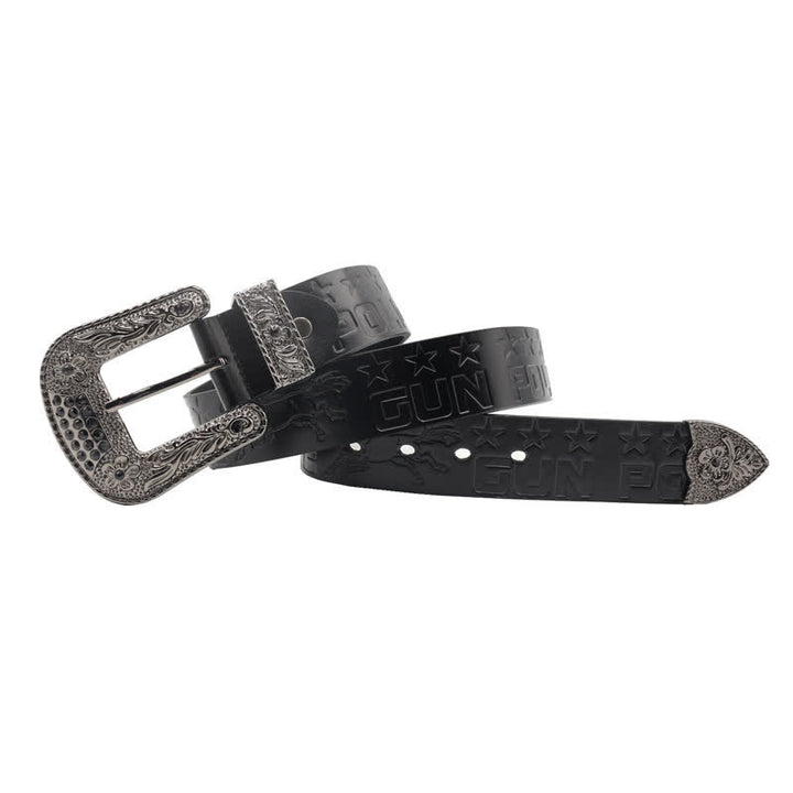 Men's Cowboy Pattern Carved Buckle Leather Belt - image 8