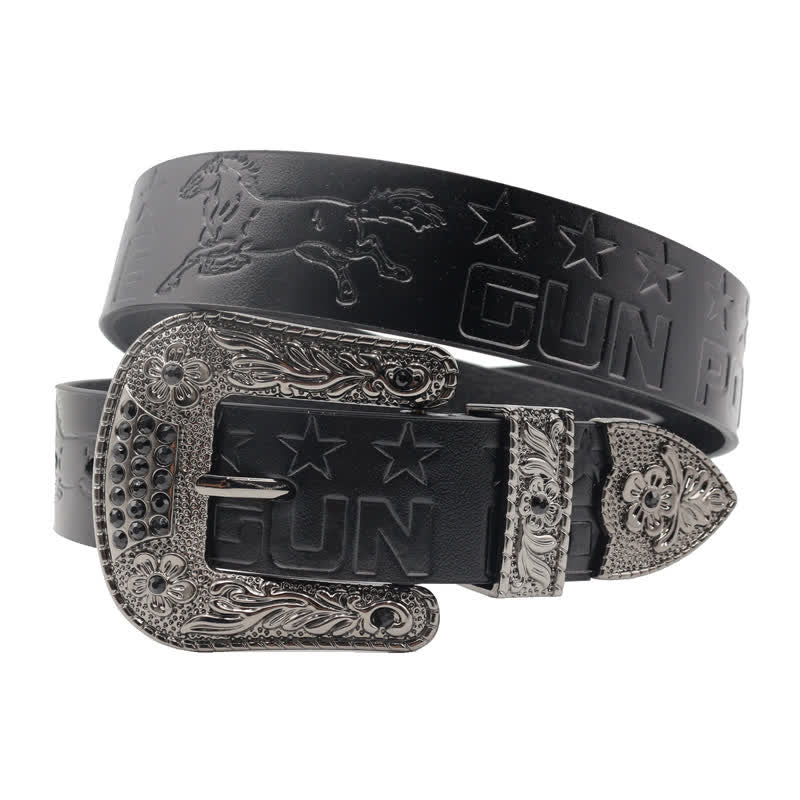 Men's Cowboy Pattern Carved Buckle Leather Belt - image 9