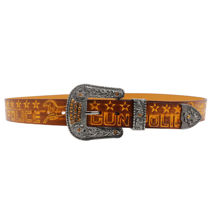 Men's Cowboy Pattern Carved Buckle Leather Belt - image 4
