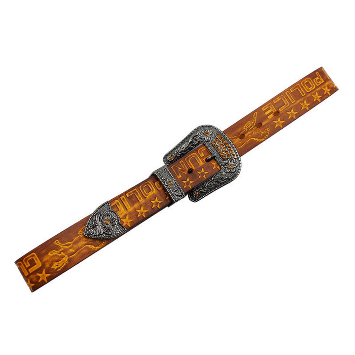 Men's Cowboy Pattern Carved Buckle Leather Belt - image 5
