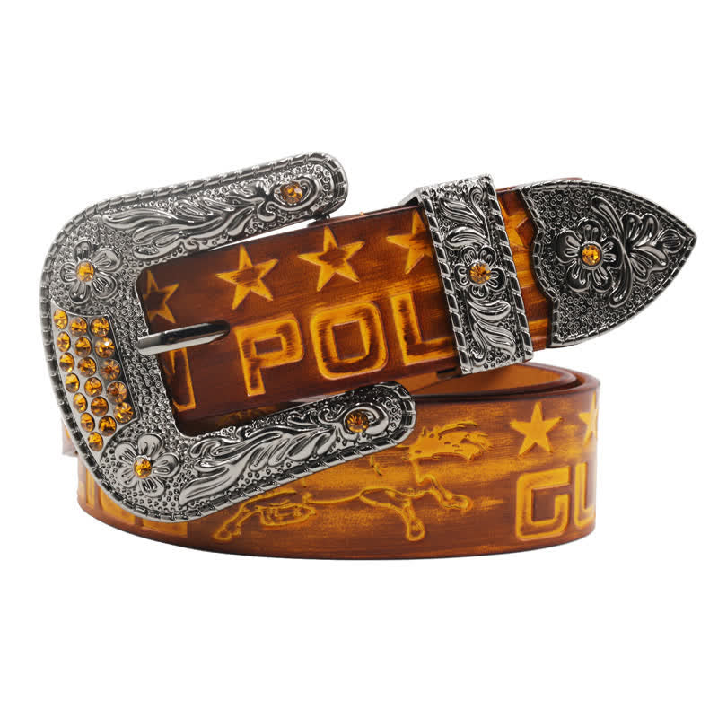 Men's Cowboy Pattern Carved Buckle Leather Belt - Yellow - 44 - image 0