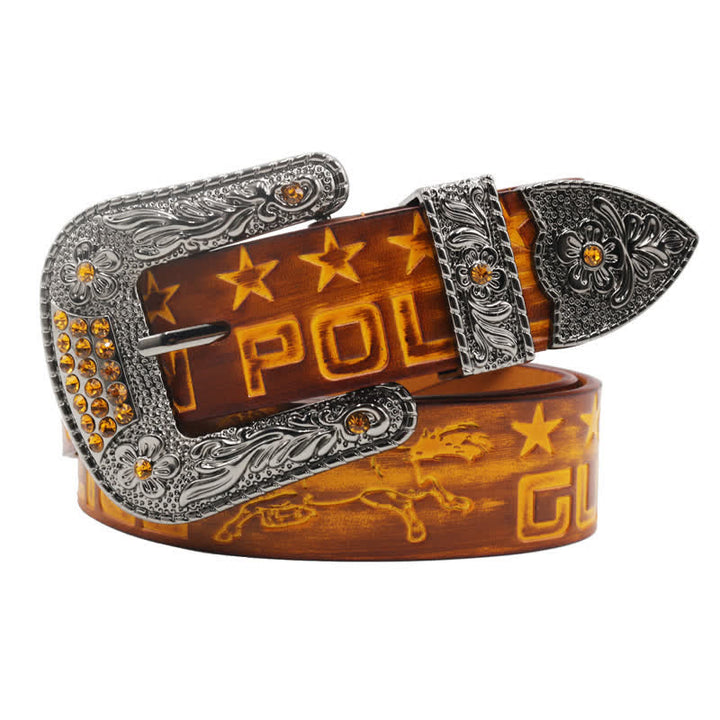 Men's Cowboy Pattern Carved Buckle Leather Belt - Yellow - 44 - image 0