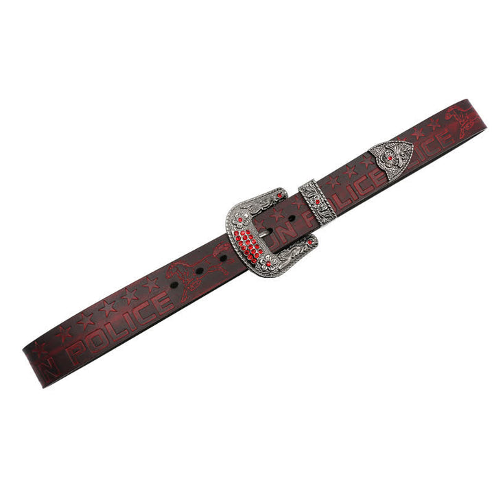 Men's Cowboy Pattern Carved Buckle Leather Belt - image 19