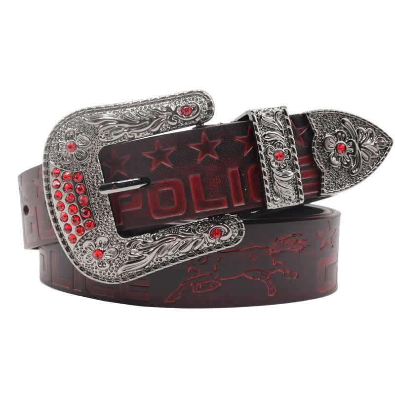 Men's Cowboy Pattern Carved Buckle Leather Belt - Brown - 44 - image 14