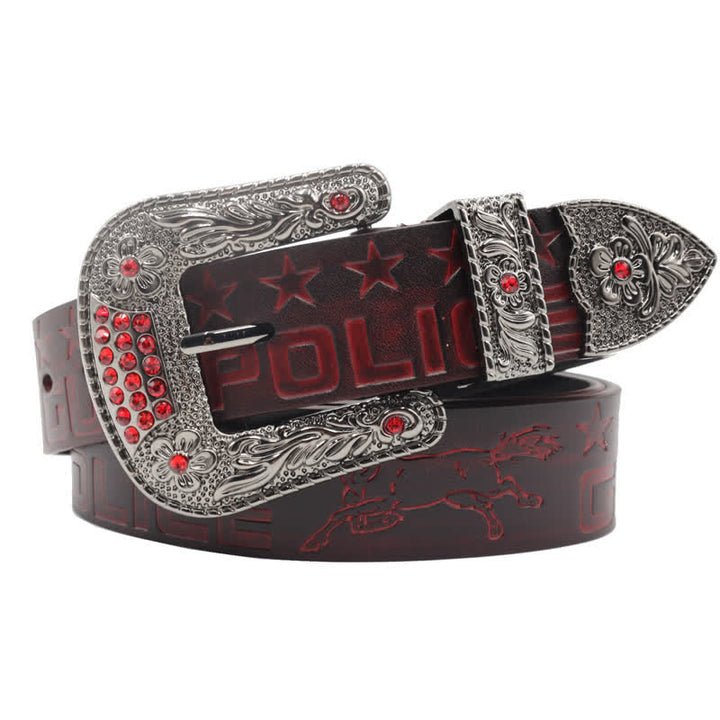 Men's Cowboy Pattern Carved Buckle Leather Belt - Brown - 44 - image 14