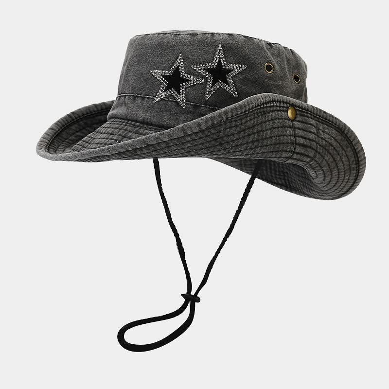 Unisex Rhinestones Star Cowboy Bucket Hat - Black - M (22"-22 7/8") - image 10