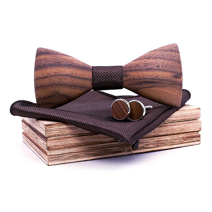 3Pcs Men's Fashion Black Walnut Wooden Bow Tie Set - Brown - image 0