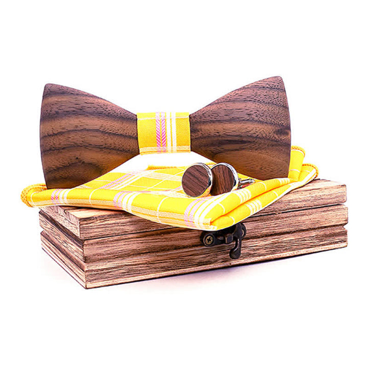 3Pcs Men's Fashion Black Walnut Wooden Bow Tie Set - Yellow - image 10