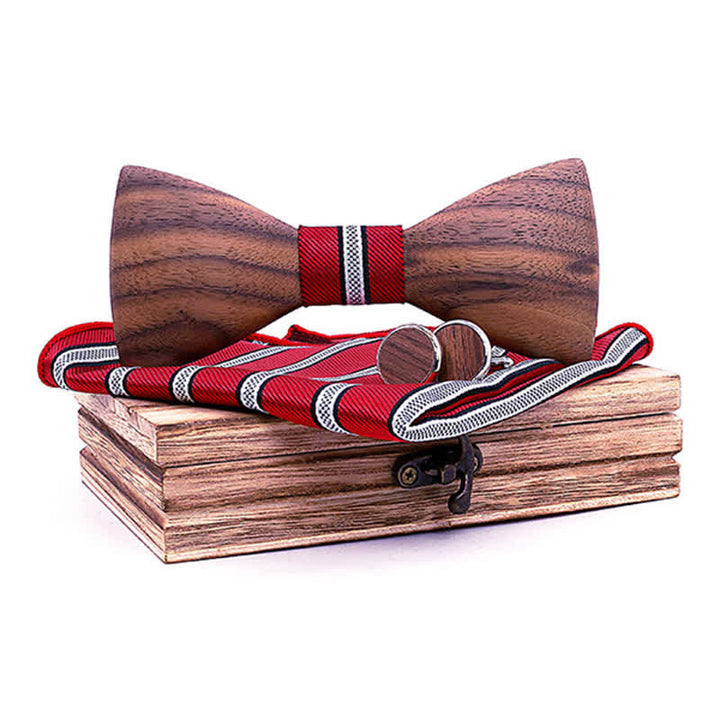 3Pcs Men's Fashion Black Walnut Wooden Bow Tie Set - Red - image 8