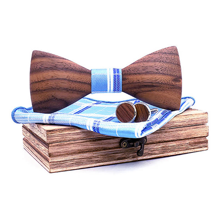 3Pcs Men's Fashion Black Walnut Wooden Bow Tie Set - Sky Blue - image 11