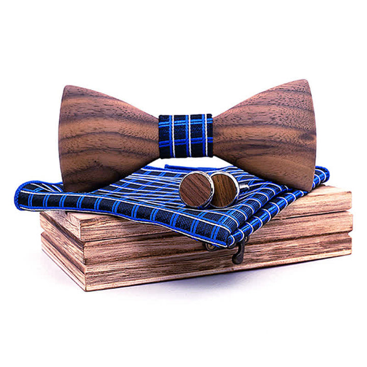 3Pcs Men's Fashion Black Walnut Wooden Bow Tie Set - Blue - image 2