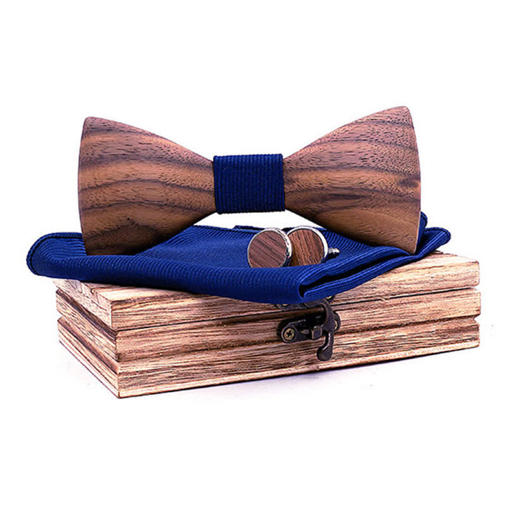 3Pcs Men's Fashion Black Walnut Wooden Bow Tie Set - Navy - image 9