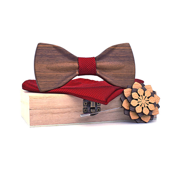 3Pcs Men's Decorative Natural Wooden Bow Tie Set - Red - image 6