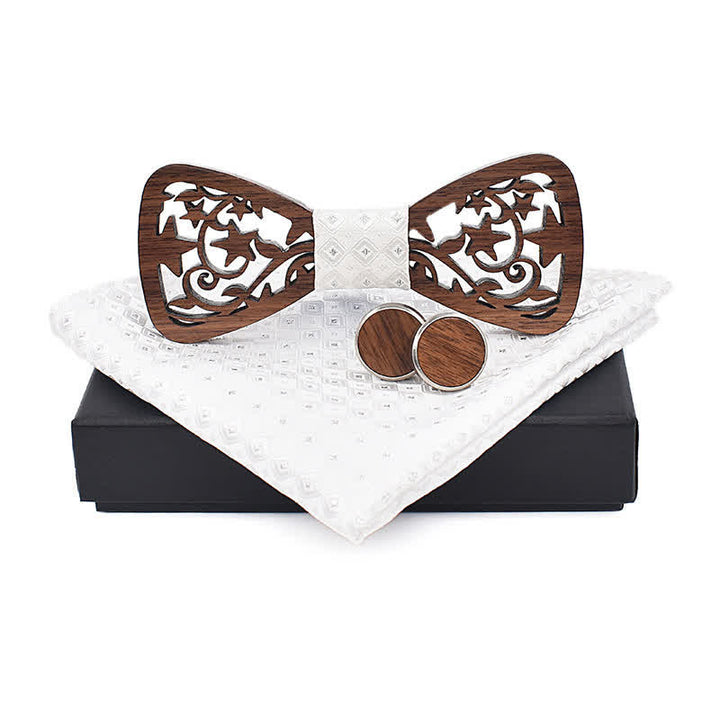3Pcs Men's Creative Hollow Star Wooden Bow Tie Set - White - image 12