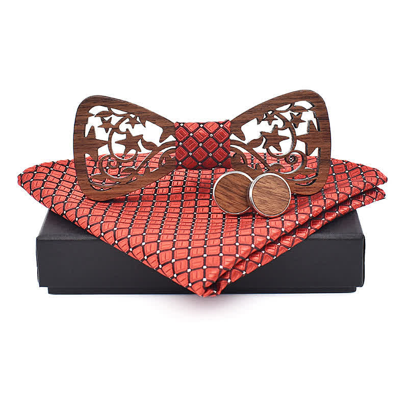 3Pcs Men's Creative Hollow Star Wooden Bow Tie Set - Red - image 10