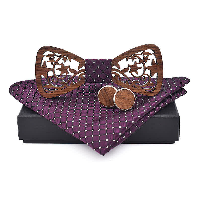 3Pcs Men's Creative Hollow Star Wooden Bow Tie Set - Purple - image 6