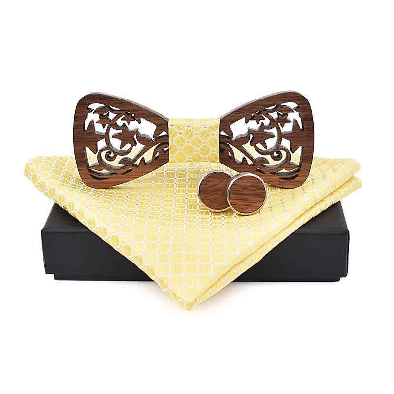 3Pcs Men's Creative Hollow Star Wooden Bow Tie Set - Yellow - image 13