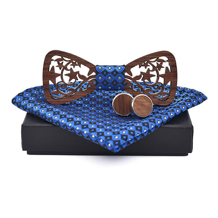 3Pcs Men's Creative Hollow Star Wooden Bow Tie Set - Blue - image 5