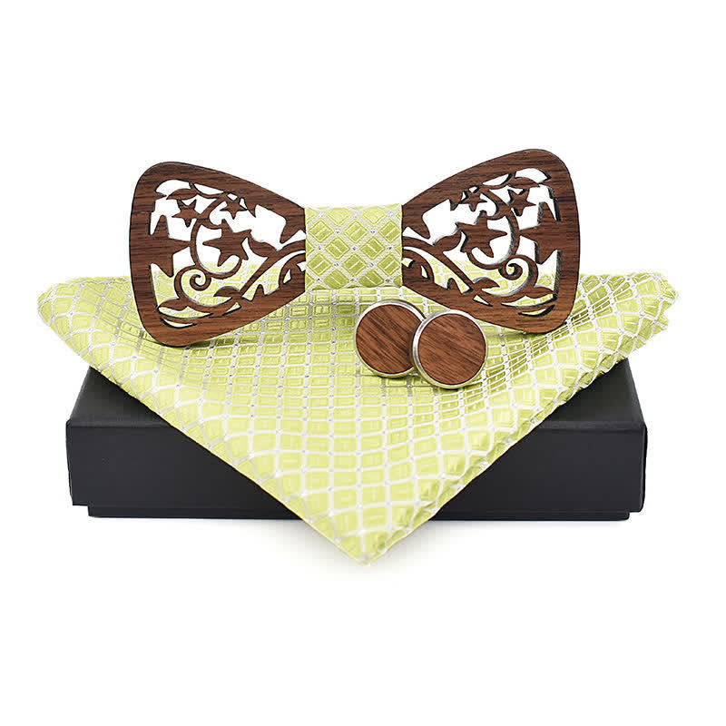 3Pcs Men's Creative Hollow Star Wooden Bow Tie Set - YellowGreen - image 7