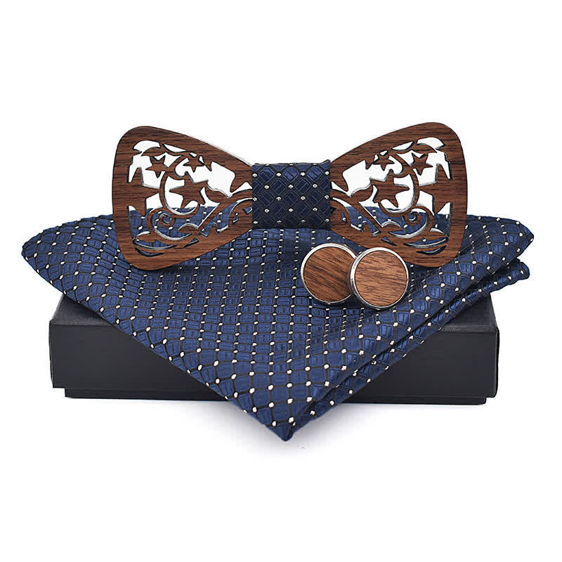 3Pcs Men's Creative Hollow Star Wooden Bow Tie Set - Navy - image 8