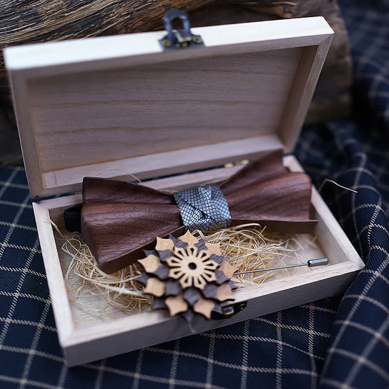 2Pcs Men's 3D Design Black Walnut Wooden Bow Tie Set - image 1