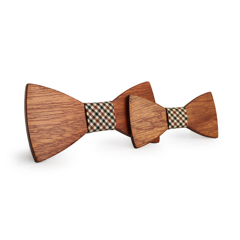 2Pcs Men's Parent-child Natural Solid Wooden Bow Tie Set - Black & Red Plaid - image 1