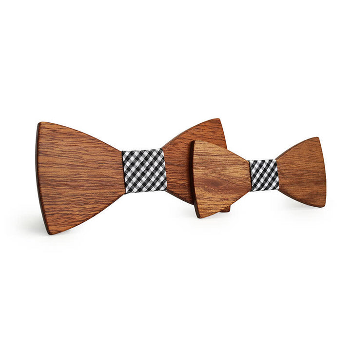 2Pcs Men's Parent-child Natural Solid Wooden Bow Tie Set - Black Plaid - image 3