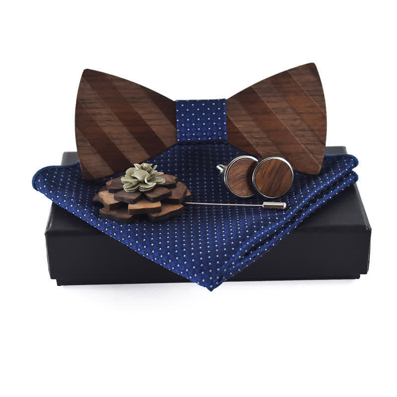 4Pcs Men's Formal Striped Pattern Wooden Bow Tie Set - Navy - image 0