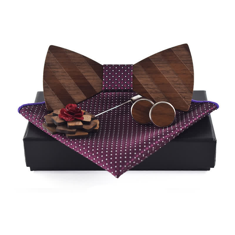4Pcs Men's Formal Striped Pattern Wooden Bow Tie Set - Purple - image 10