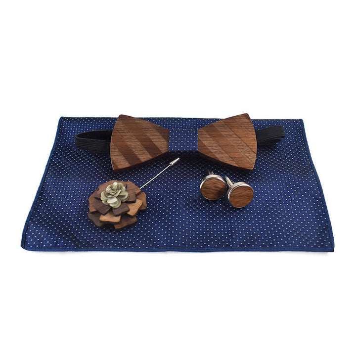 4Pcs Men's Formal Striped Pattern Wooden Bow Tie Set - image 1