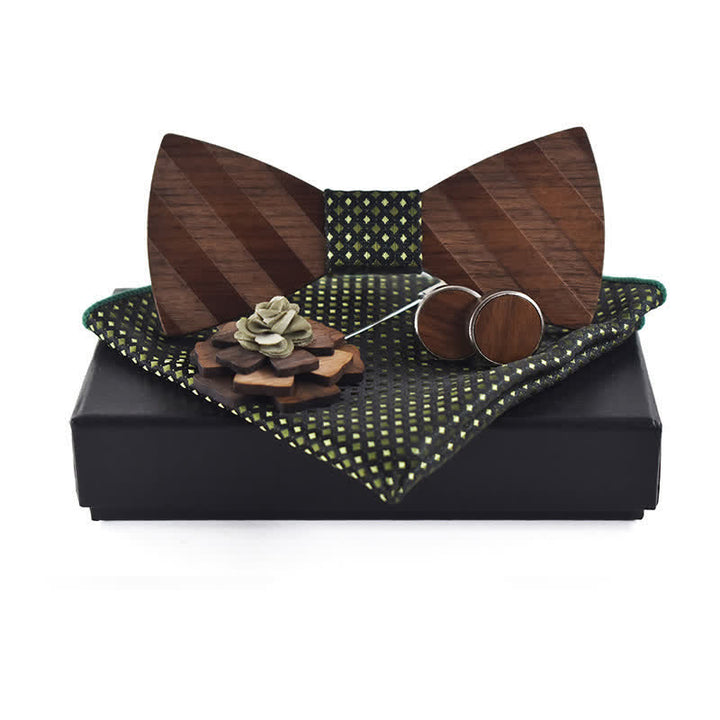 4Pcs Men's Formal Striped Pattern Wooden Bow Tie Set - Olive - image 9