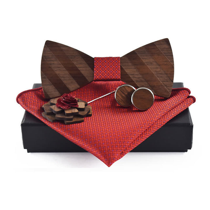 4Pcs Men's Formal Striped Pattern Wooden Bow Tie Set - Red - image 6