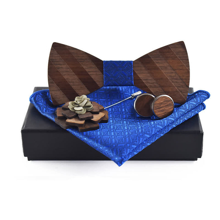 4Pcs Men's Formal Striped Pattern Wooden Bow Tie Set - Royal - image 8