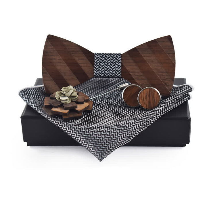 4Pcs Men's Formal Striped Pattern Wooden Bow Tie Set - Gray - image 7