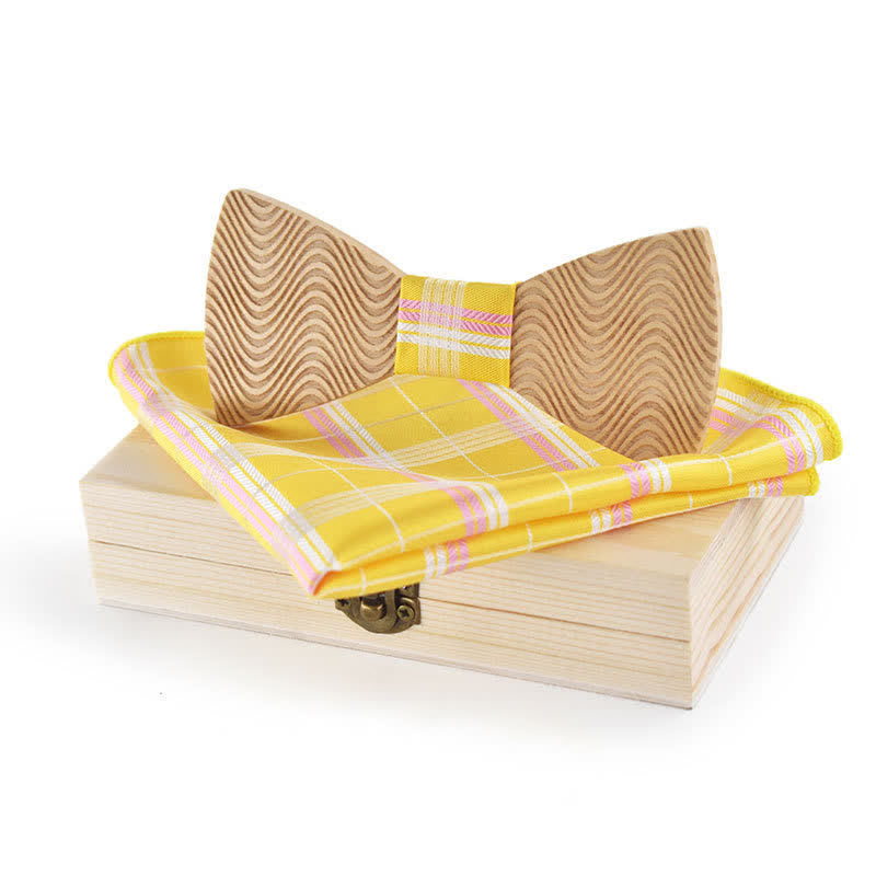 2Pcs Men's Dazzling Wave Plaid Wooden Bow Tie Set - Yellow - image 6