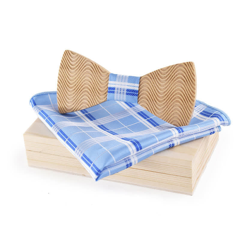 2Pcs Men's Dazzling Wave Plaid Wooden Bow Tie Set - Sky Blue - image 7